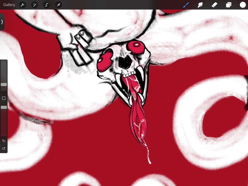 Drawing in progress of someone’s genitals replaced by a cat skull with a long tongue. 