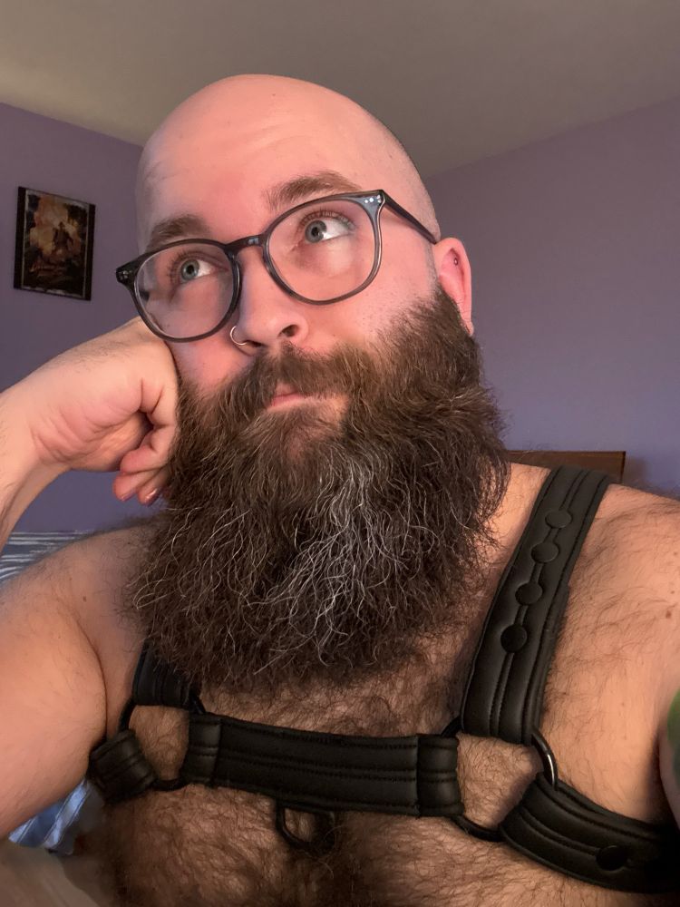 A selfie from the tits up in which I’m wearing only my glasses and a harness