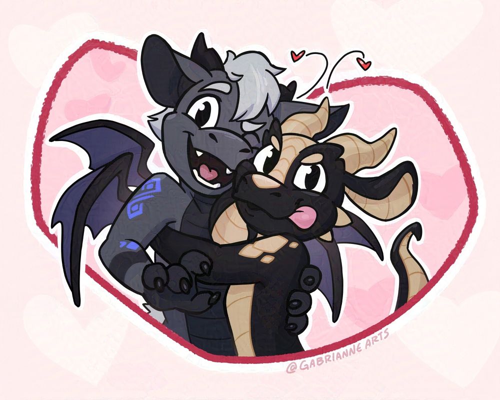Valentine's Day YCH art of cute couple Asher and Rukla, a dragon and a kobold, embracing each other with a heart-shaped outline behind them. Asher is a two-toned grey dragon with blue wings and patterning, and has a sort of surprised look, while Rukla is black and tan and has a more mischievous look on his face.