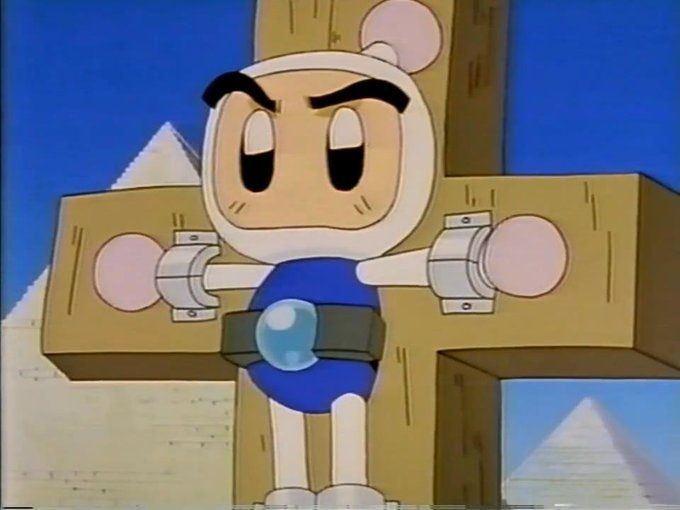 A picture of Bomberman being crucified.