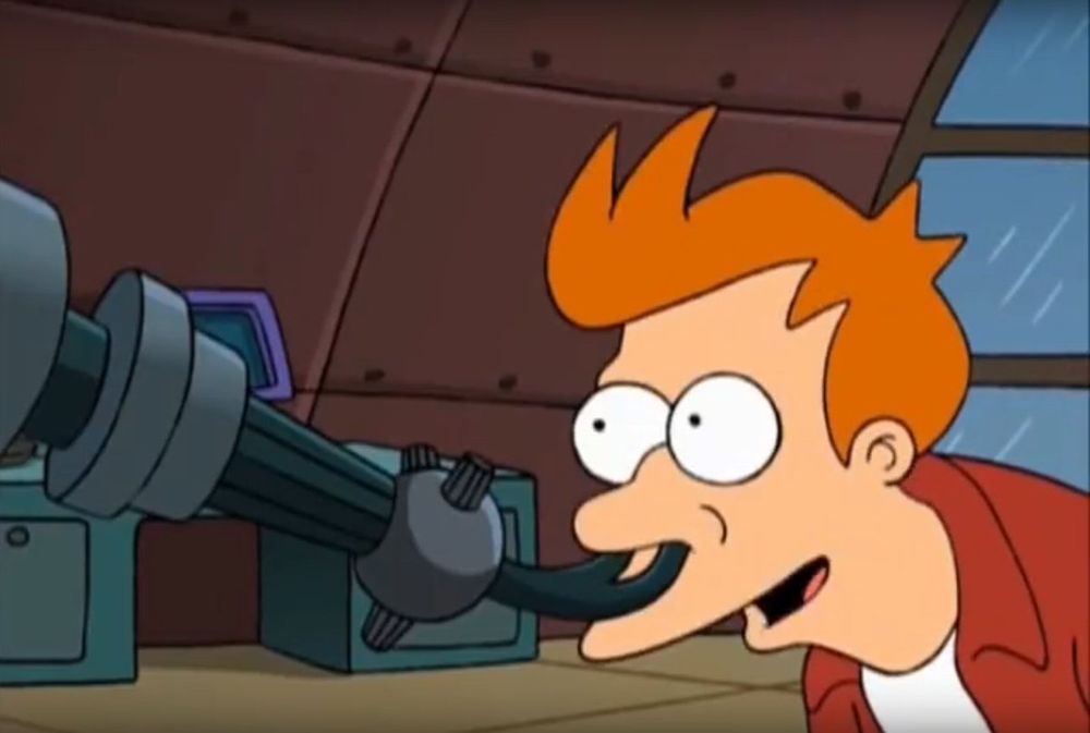 A picture of Fry from the animated show Futurama using the Smell-o-scope.