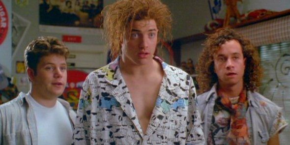 encino man from the 90s with brendan fraser in an 90s gulf patterned shirt with a bare chest flanked by pauly shore and a guy in a highschool classroom 