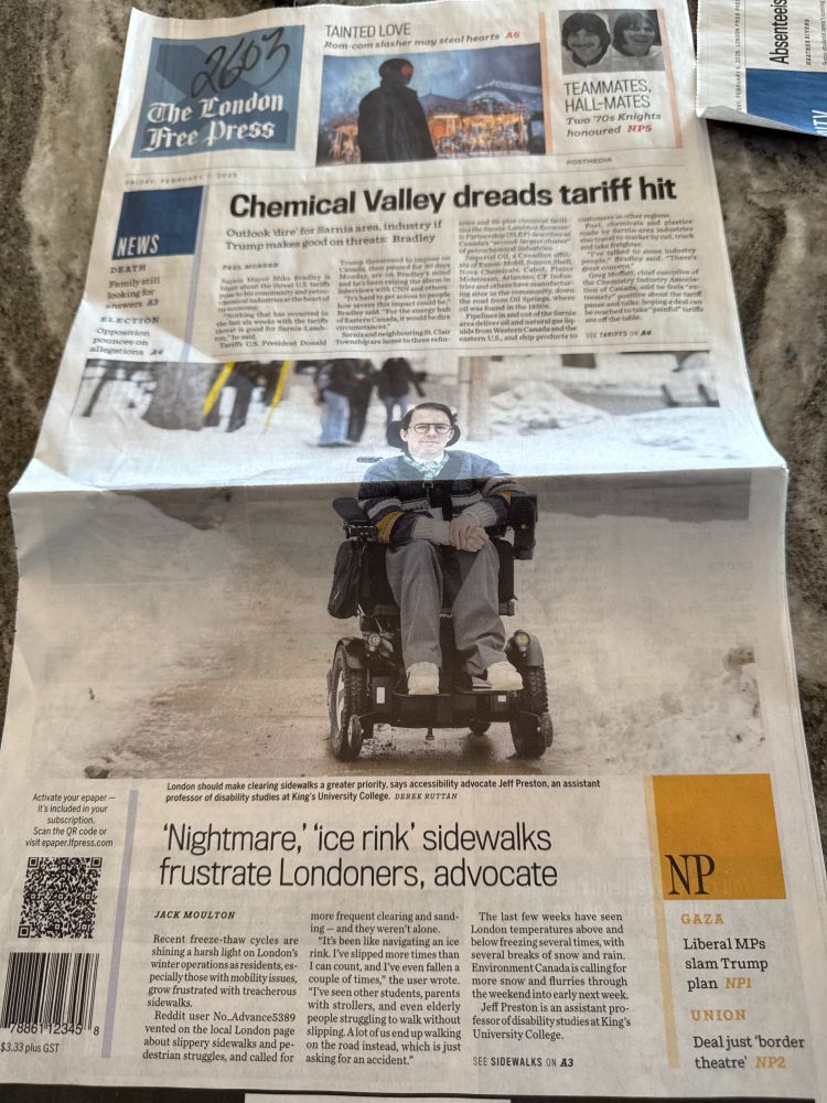 Front page of Friday's London Free Press, featuring Jeff sitting in the middle of a snowy sidewalk and the headline "'Nightmare,' 'ice rink' sidewalks frustrate Londoners, advocate"