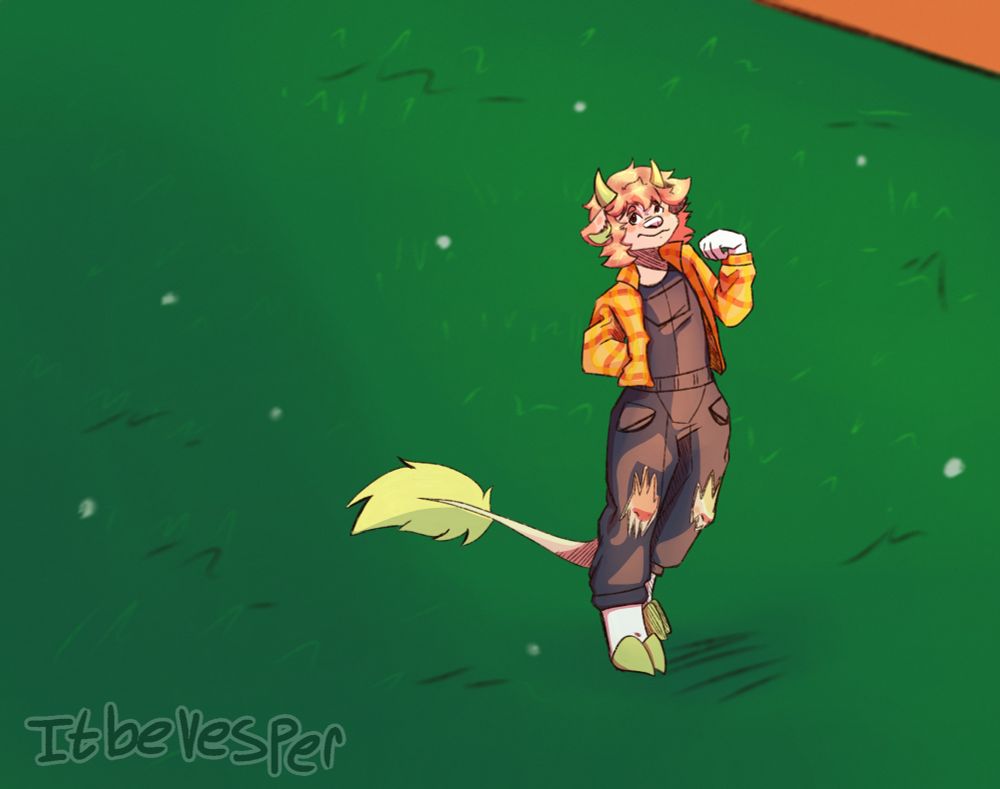 Cow fursona standing in a field. They’re wearing overalls and an orange, red, and yellow flannel 