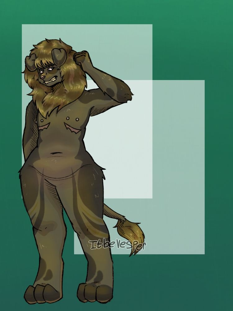 Furry character with a paw against his mane, looking off to the side with his teeth bared