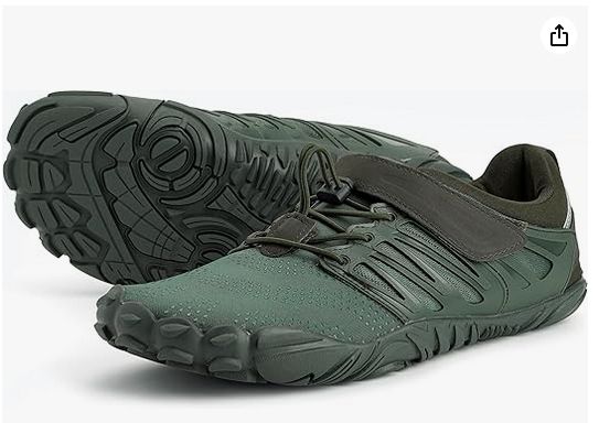 Green minimalist trail running shoes with partially formed toes.