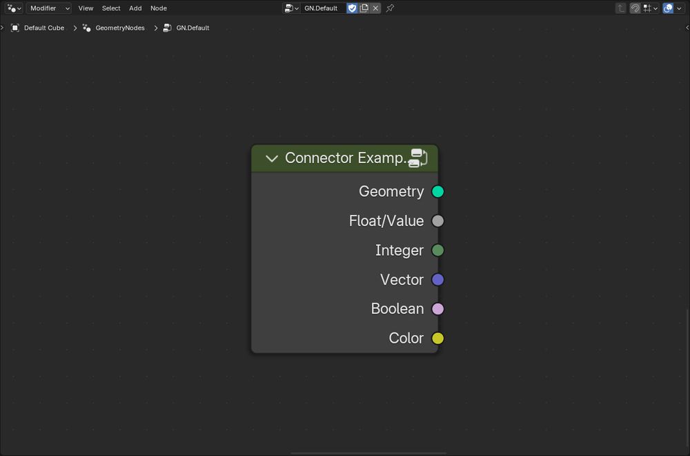A screenshot of a Blender node workspace with a single node. It has several outputs shown, a light green Geometry, grey Float/Value, a dark green Integer, a purple Vector, a pink Boolean, and a yellow Color connector.