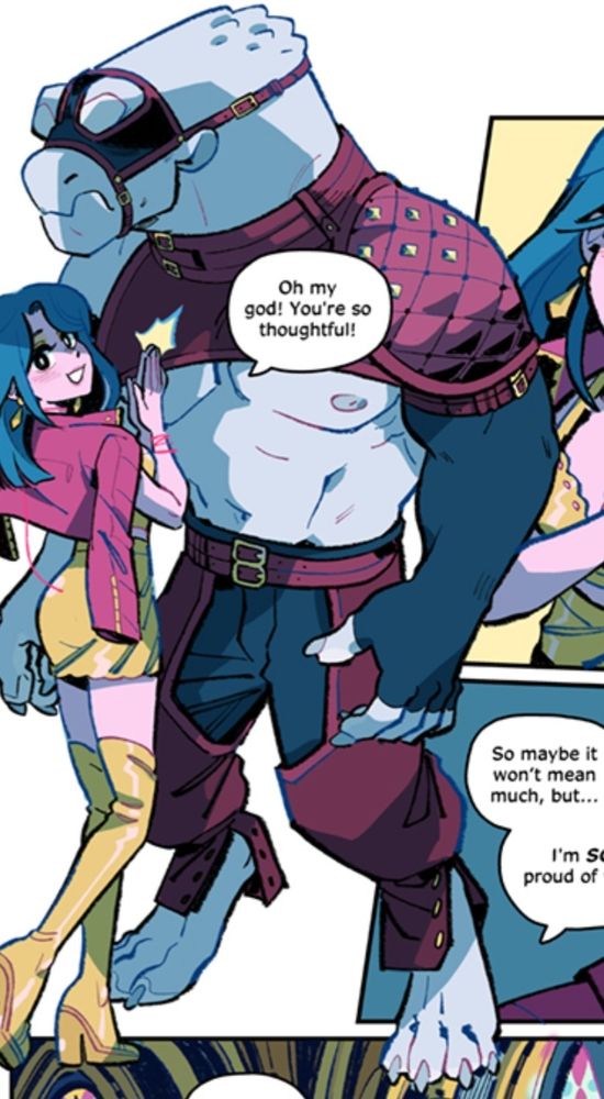 Leeds, a character from the webcomin Barbarous - a hulking, muscular humanoid figure with a hulped neck, bovine ears, and  a thick, toothy snout dressed in padded armor that covers his shoulders, chest fully revealed, with chaps and belted pants ocer his legs. He also wears specialized blinders over his eyes.

Also Chiaki, a short thin woman, is there too I guess