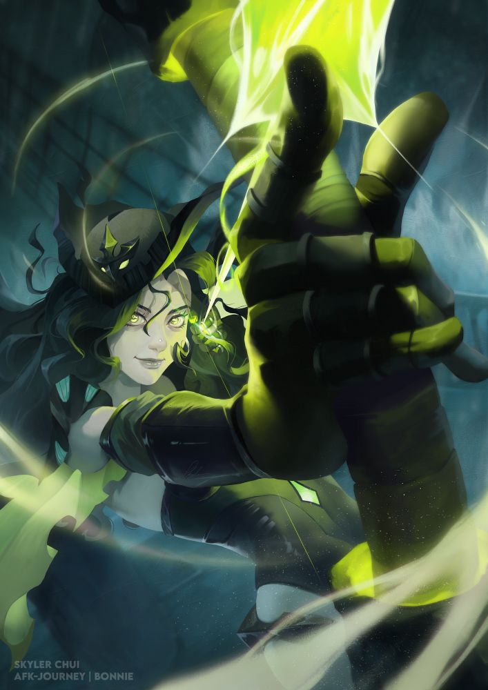 Bonnie, a character from AFK Journey, taking aim using her bow and arrow. Green energy whirls around the arrow.
