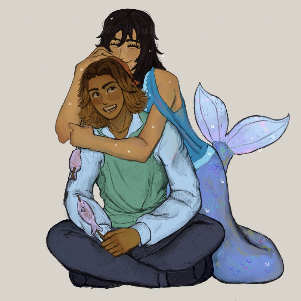 Fanart of Anya and Daisuke from the video game Mouthwashing. Anya is a mermaid and Daisuke is a pirate. She's hugging him from behind. Both of them are smiling and enjoying roasted fish on a stick.