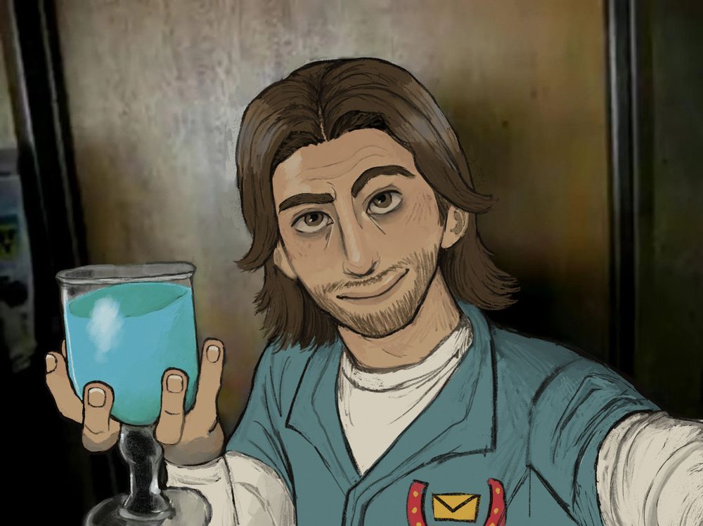 Fanart of Jimmy from the video game Mouthwashing. He's holding a glass filled with mouthwash and smiling to viewer.
