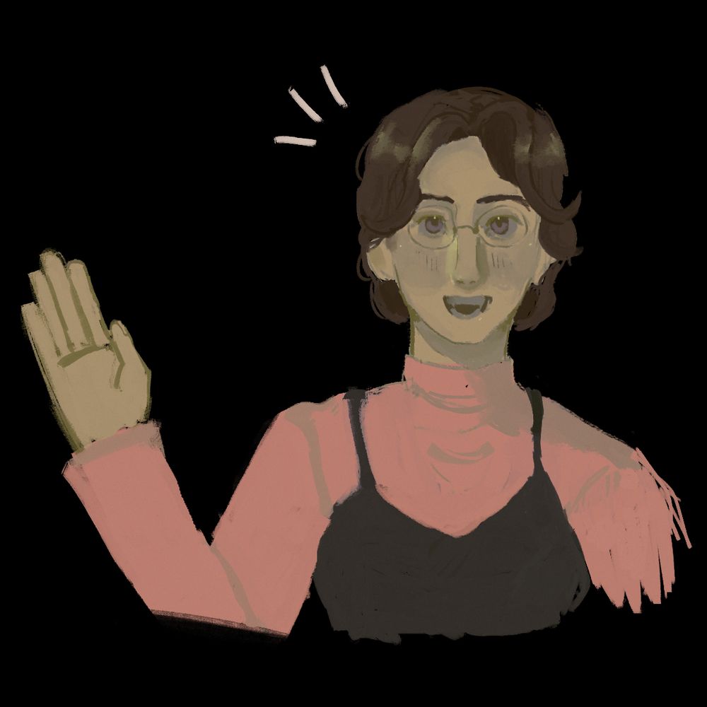 Fanart of Olivia Haas from the video game Fear & Hunger 2: Termina. She is smiling and waving at the viewer.