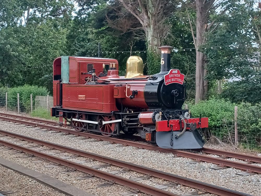 SMR loco no.6 'Peveril' in the siding at Port Erin. The loco is currently long-term out of service and is normally on display in the museum located here. Note the snow plough attached below the front buffer beam.