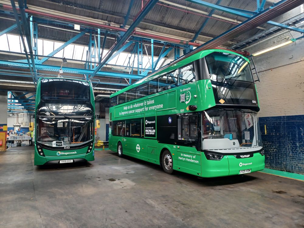 Stagecoach London 10301 & 82112 on display in Catford Depot. The two buses carry special MacMillan Cancer Support liveries. 10301 is due to lose its livery, with 82112 taking over the supporting role.