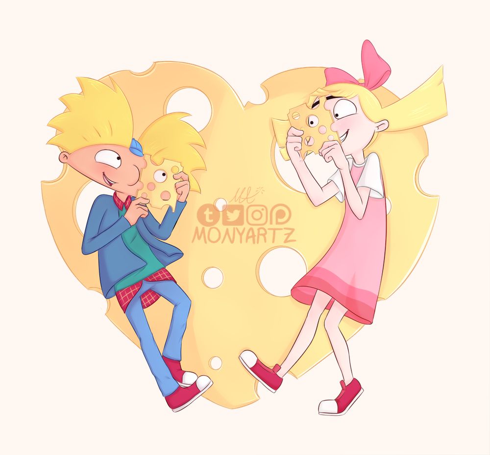 cheese festival, arnold and helga looking through slices of swiss cheese at each other