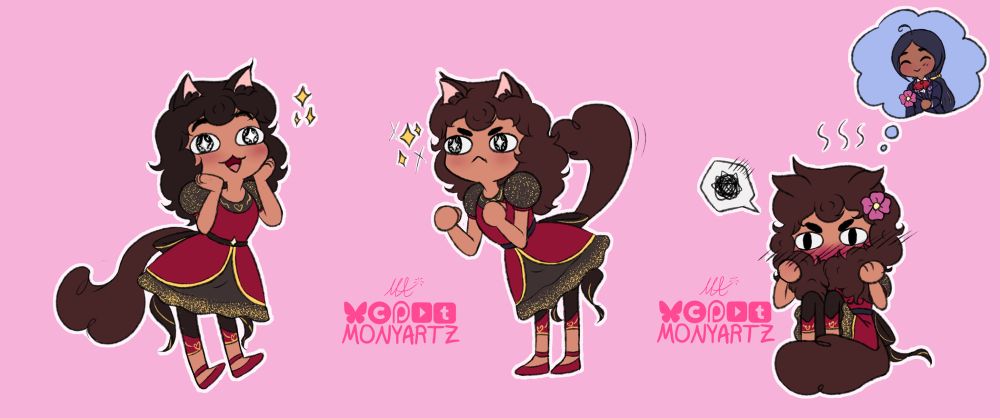 chibi cat vals, excited happy, excited determined, thinking about her crush with a flower in her hair that he gave her and hating it bc HOW DARE HE MAKE HER FEEL THESE THINGS