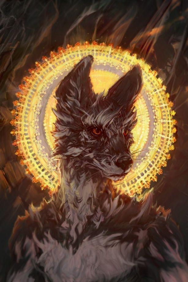 Digital painting. Bust of an anthropomorphic fox looking to the right, standing in front of a glowing halo. Abstract crystaline mark making in the background.
