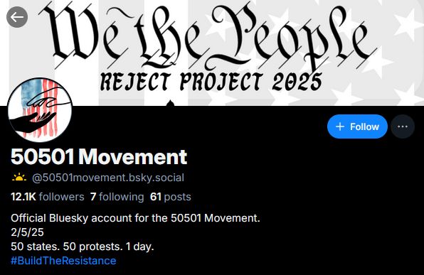 @50501movement.bsky.social
12.1k followers, 7 following, 61 posts

Banner in faux calligraphy script that says, "We the people reject project 2025"