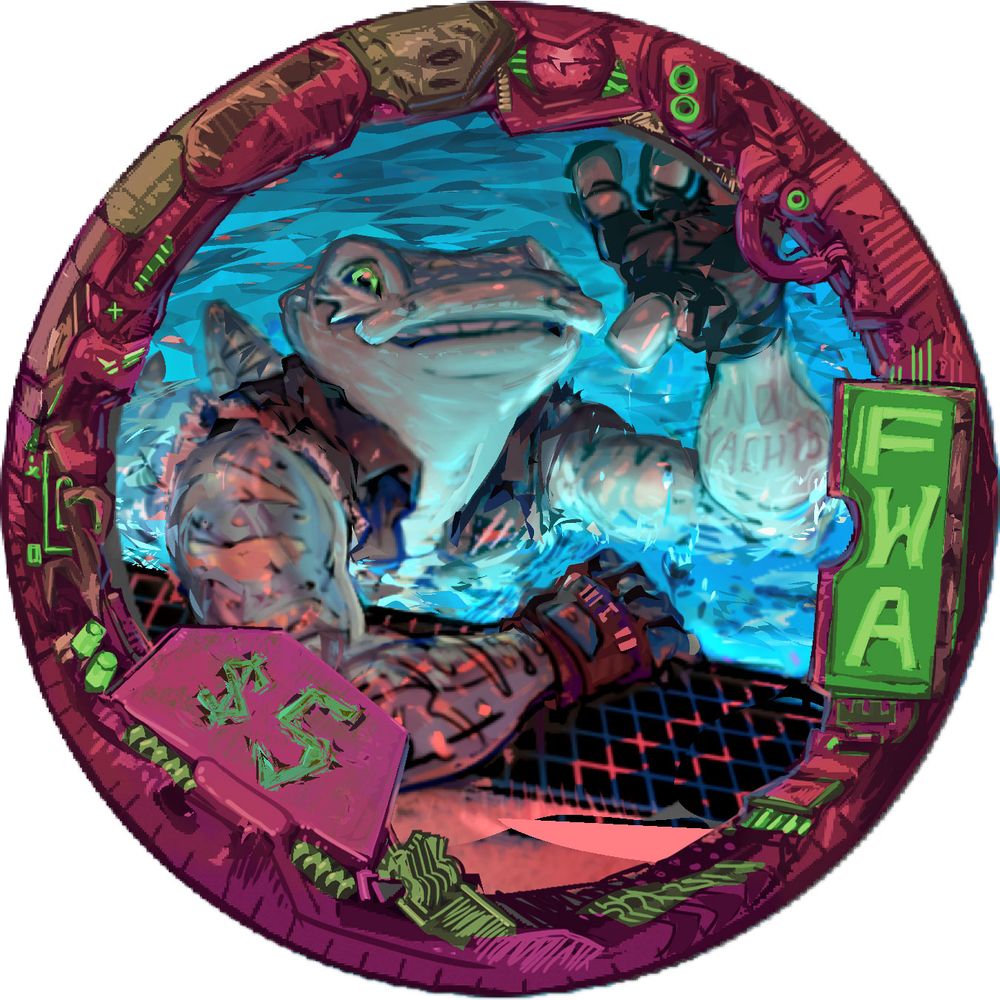 Digital painting in a circle on white BG. Red frame with green accents implies various older technology and has both FWA and $5 scratched into two surfaces. Inside the circular frame is an anthro whaleshark smiling and lifting one fingerless gloved hand above the water in a lit swimming pool.
