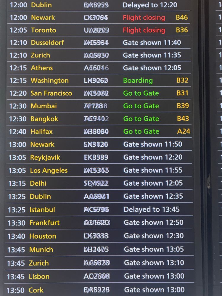 An airport departures board
