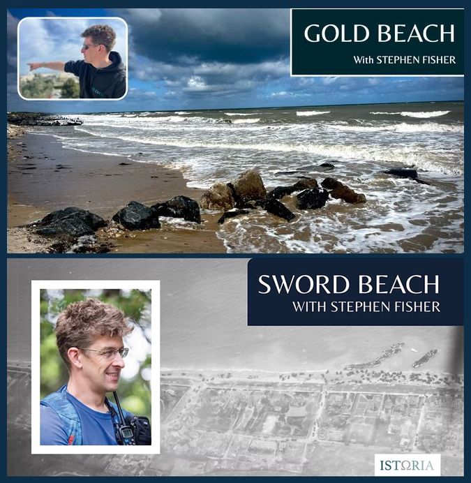 Two posters in one image, one advertising Sword Beach with Stephen Fisher, one for Gold Beach with Stephen Fisher (that's me). There's some background images of a beach, one in 1944, one in the present day, and pictures of me pointing at stuff.