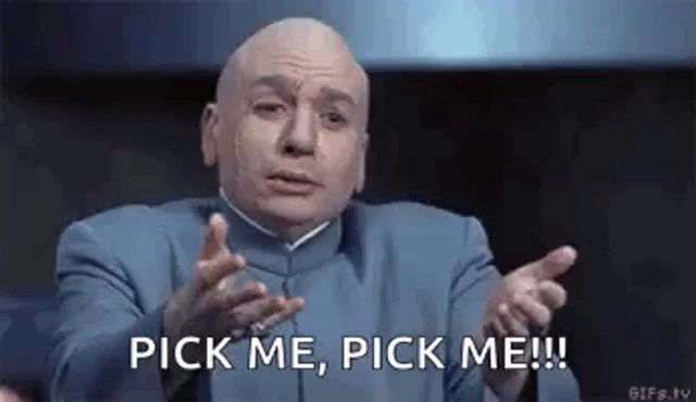 a bald man in a blue suit is saying `` pick me , pick me !! ''