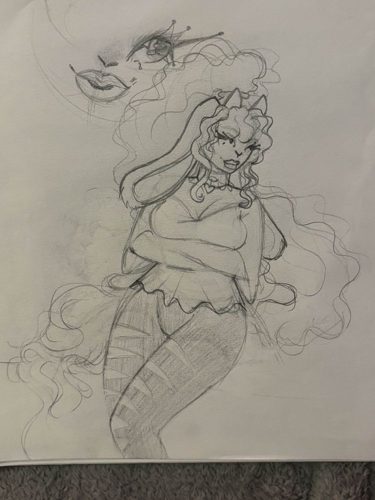 a sketch of an anthro rabbit OC with very long curly hair and horns. a sketch of a larger face with only one eye peers down on them like the moon from majoras mask.