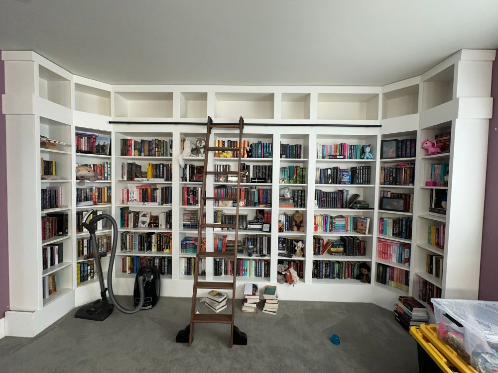 A bunch of shelves with a rolling ladder