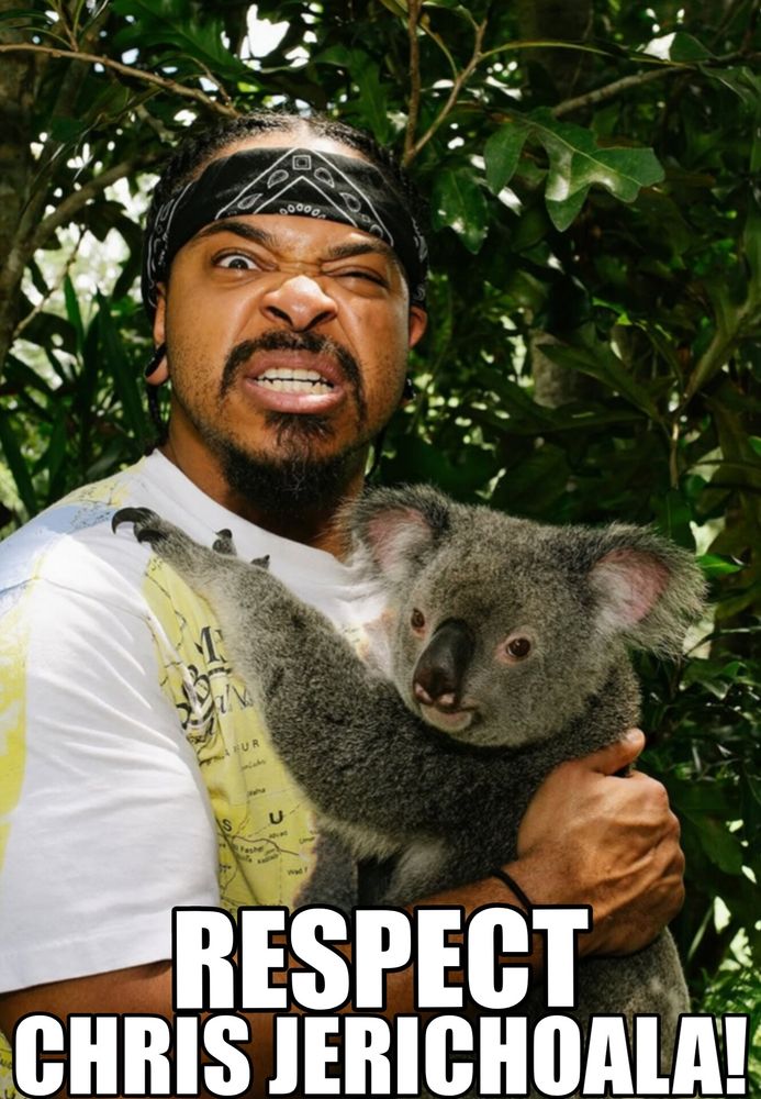 AEW's Bryan Keith hugging a clingy koala.
Meme text reads, "RESPECT CHRIS JERICHOALA!"