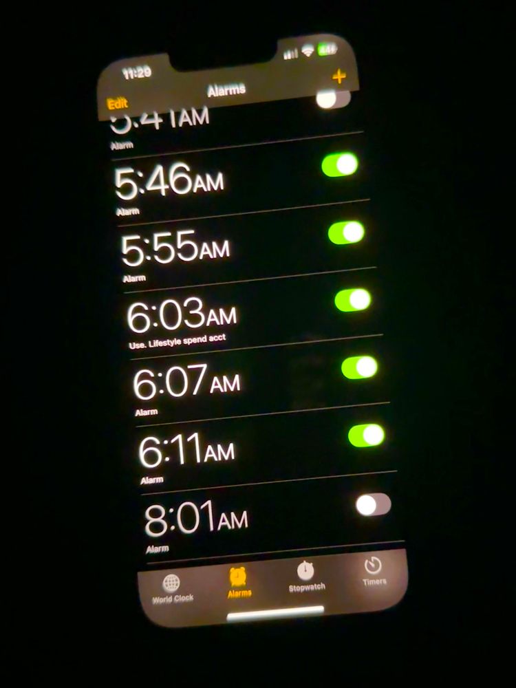 iPhone alarms set for 5:46 am, 5:55 am, 6:03 am, 6:07 am, and 6:11 am. God help us all. 