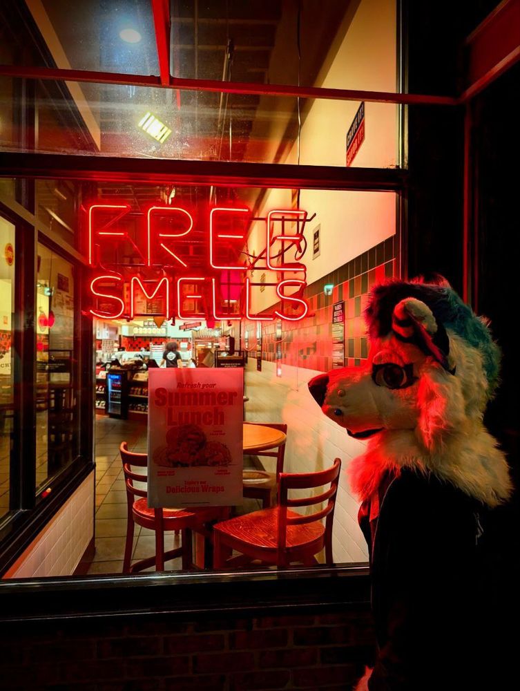 A white wolf dog fursuiter looking at a Jimmy Jons sign with a red neon sign above saying "Free Smells" The red neon glowing on her fur.