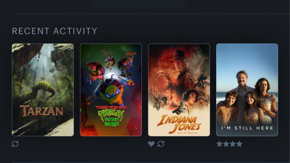 Sección de “Actividad reciente” en la plataforma Letterboxd, con cuatro películas vistas recientemente:
	1.	Tarzán – Póster con una imagen de la selva, con luz filtrándose entre los árboles y la silueta de Tarzán sobre una rama. No tiene una puntuación visible.
	2.	Teenage Mutant Ninja Turtles: Mutant Mayhem – Póster con los cuatro protagonistas en una escena de acción con colores vibrantes. No tiene puntuación visible.
	3.	Indiana Jones and the Dial of Destiny – Póster con Harrison Ford como Indiana Jones, con su icónico sombrero y látigo, acompañado de otros personajes de la película. No tiene puntuación visible.
	4.	I’m Still Here – Póster con una imagen de una familia en la playa, con un hombre y una mujer abrazando a dos niños, con el mar de fondo. Tiene una calificación de cuatro estrellas (★★★★☆) en la plataforma.