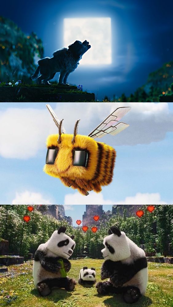 Imagen compuesta por tres escenas de estilo realista inspiradas en el videojuego Minecraft.
	1.	En la parte superior, un lobo aúlla sobre una colina con la luna cuadrada iluminando el cielo nocturno.
	2.	En el centro, una abeja con un cuerpo peludo y alas translúcidas vuela contra un cielo azul con nubes.
	3.	En la parte inferior, dos pandas adultos y una cría interactúan en un campo verde, rodeados de corazones flotantes, evocando la mecánica de domesticación y reproducción del juego.