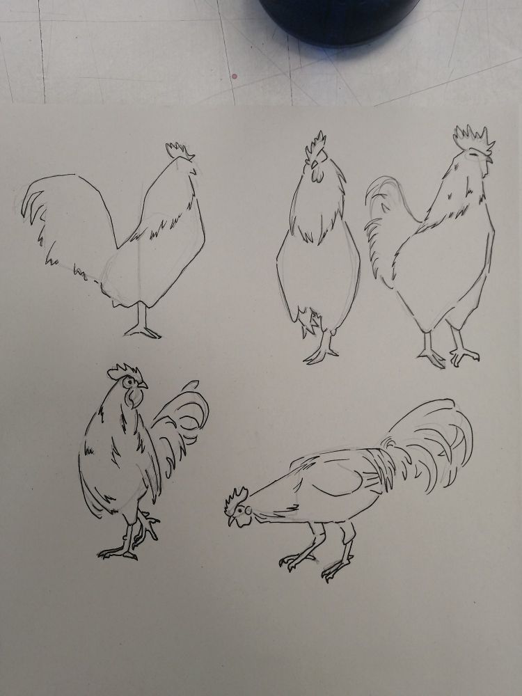 Más gallos, esta vez tres arriba con vistas perfil frontal y tres cuartos, y los de abajo uno de perfil mirando a la derecha y el otro inclinado en plan pa comer.