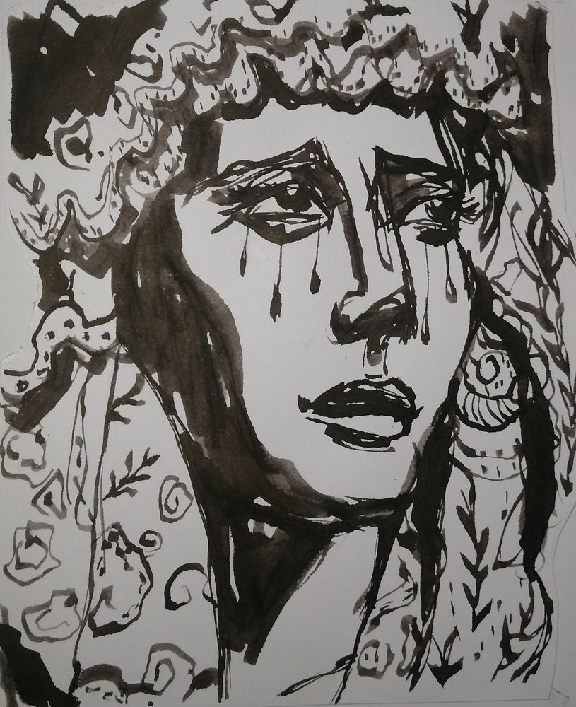 An ink drawing of Virgin Mery (Vírgen de los Dolores). She's crying, looking to the right.