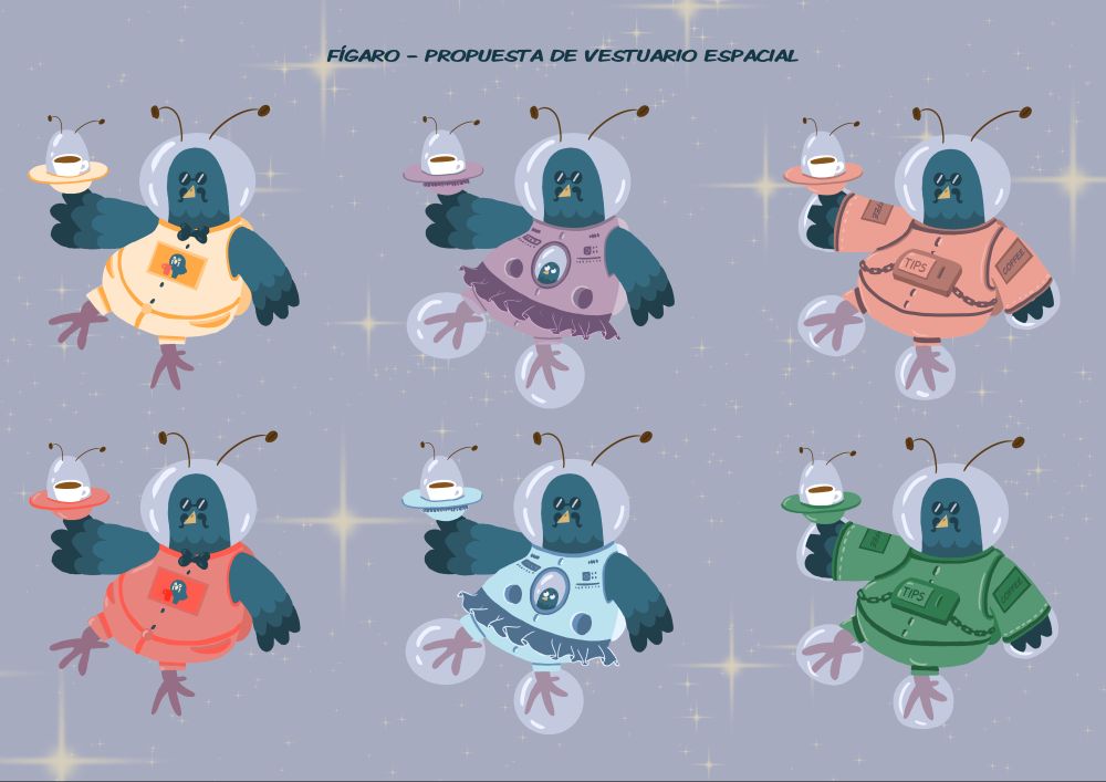 Designs for Brewster's cosmic outfits. There are three original outfits and each one has a color variation. The first is a more classic outfit with the logo on its chest. Colors are pale yellow and orange on one side and red for the other. The second design is a more cosmic outfit with a mini Browster on the chest, looking at the stars. It includes a cute skirt and some buttons. Colors are purple and lilac, and the other, blue. The last one is more like an astronaut. It is a full body suit with a tip deposit on its center. Colors are salmon and green. In every design there is a cup inside a tiny spaceship, and also both the cup and Browster are wearing coffee antennas. The tittle: Browster - Space costume proposal, is writen in Spanish.