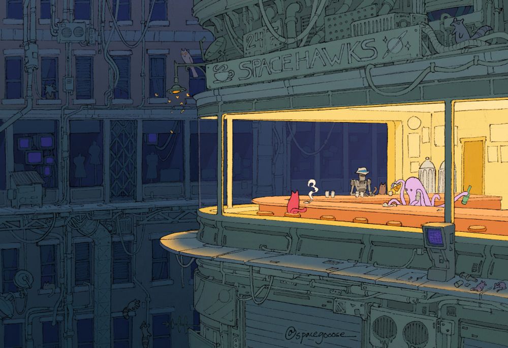 an ink line art drawing digitally colored. a few strangers hanging out in a diner at 3am. The inviting light of the diner's interior pours into the cold dark cyberpunk city surrounding it. 
based on the famous painting by Edward Hopper 