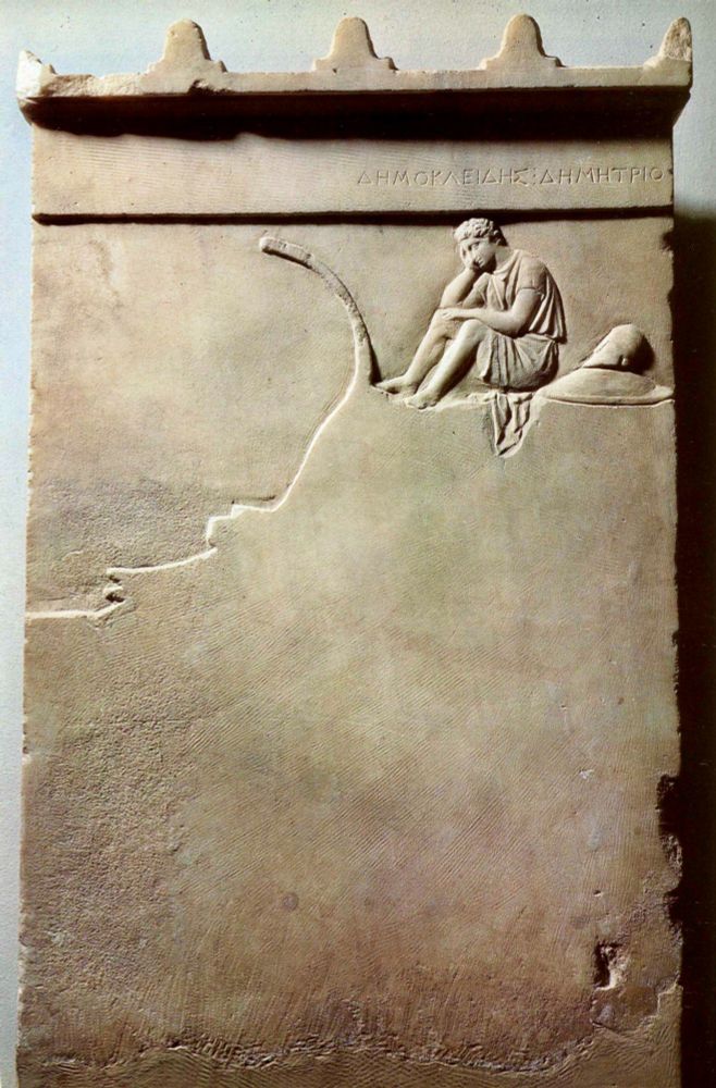 The Funerary Stela of Demokleides, a Greek hoplite who was killed in the naval battle of Corinth in 394 BCE
