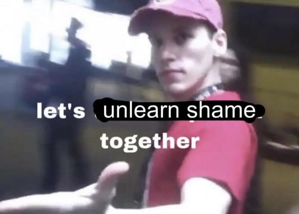 Guy in red extending hand meme let's unlearn shame together