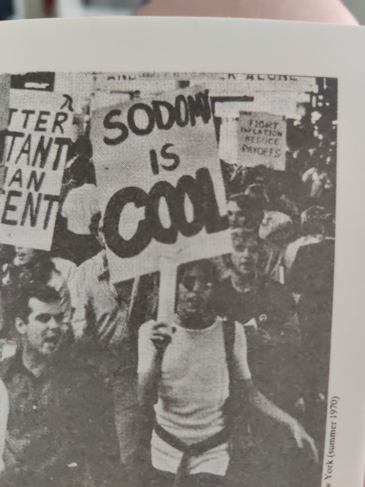 black and white photo of person holding sign that reads "sodomy is cool"