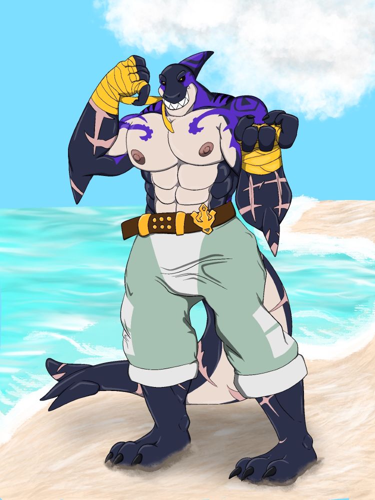 Big strong shark captain Locke tapes up his fist in yellow wraps as he beckons for any who challenge him