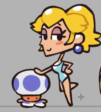 Princess Peach in a blue swimsuit leaning on a flustered Toad; drawn by Cas van de Pol.