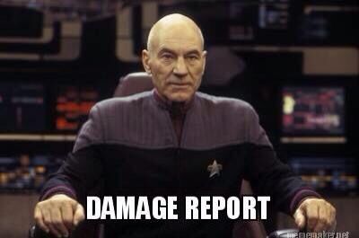 Picard in his gray and black uniform sitting in the bridge chair saying damage report