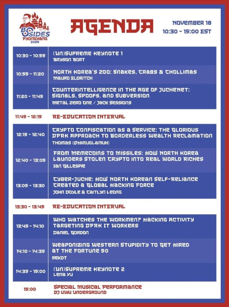 An agenda of the talks for BSides Pyongyang 2025, I'm not transcribing the whole thing but it's all at https://bsidespyongyang.com/ if you actually want a list