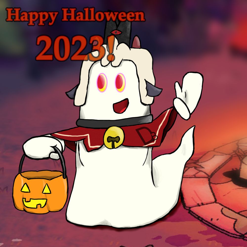 Ghostie, a white ghost with floating mitts for hands, is dressed up as the Lamb from Cult of the Lamb, wearing a hood that has fake ears and horns, a Red Crown made out of construction paper, and the default fleece worn such that it attaches to the gloves. He is carrying a jack-o-lantern candy bucket in his right mitt, and the background is a lightly-edited screenshot of the original game. In the top-left corner, the text "Happy Halloween 2023!" can be seen.
