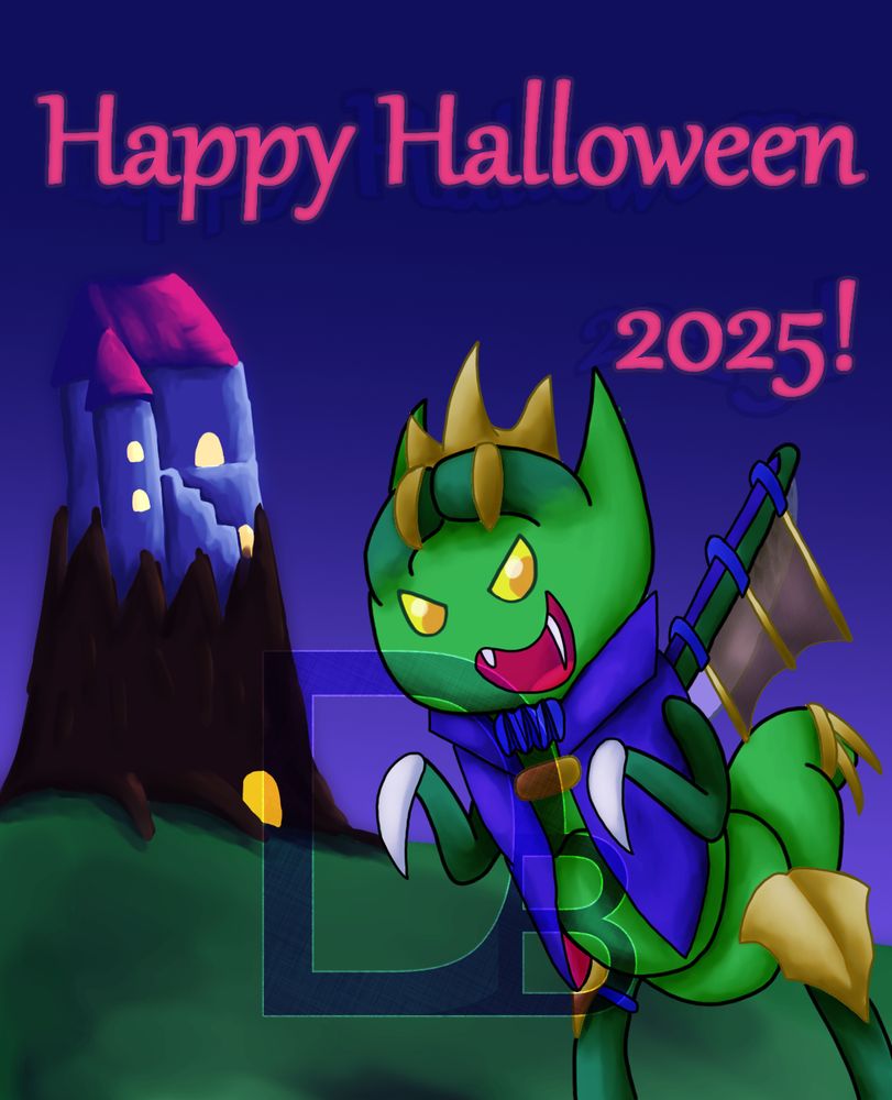 Cole, a green insect with yellow eyes and silvery claws, holds said claws to his chest with a wide smile. He is dressed in a purple vampiric coat with a gold buckle and a blue cravat, with a gold crown resting atop his horns, a similarly spiked gold ornament on the end of his abdomen, and gold armor plates curved like bat wings covering his upper legs. His wings are covered by fake wings similarly bat-styled, and a fake fang protrudes from his mouth noticeably longer and sharper than his natural fang. In the background, a castle with glowing windows sits atop an aged tree trunk, which has a glowing entrance of its own amongst the roots. At the top, the words "Happy Halloween 2025!" can be seen.