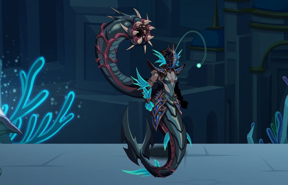 Theridia's face has been covered by a
helmet that conceals her entire face and reveals no identitying teatures, but is made of blue plating with gold
detailing like her armor. The helm has
glowing blue fins on either side,and
an anglerfish lure.

