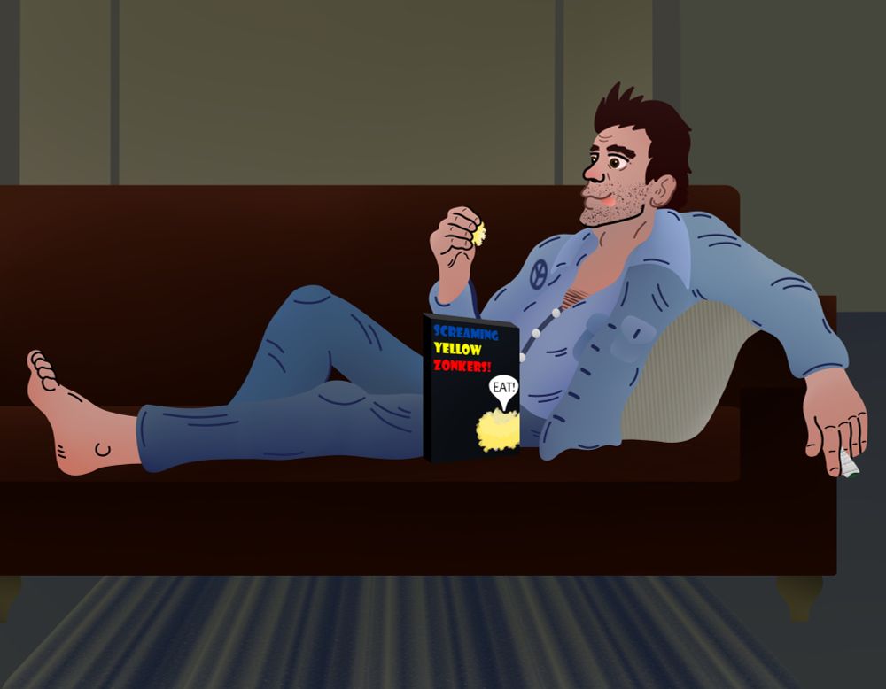 Jim Ignatowski (from Taxi) reclines on his couch, happily eating a box of Screaming Yellow Zonkers