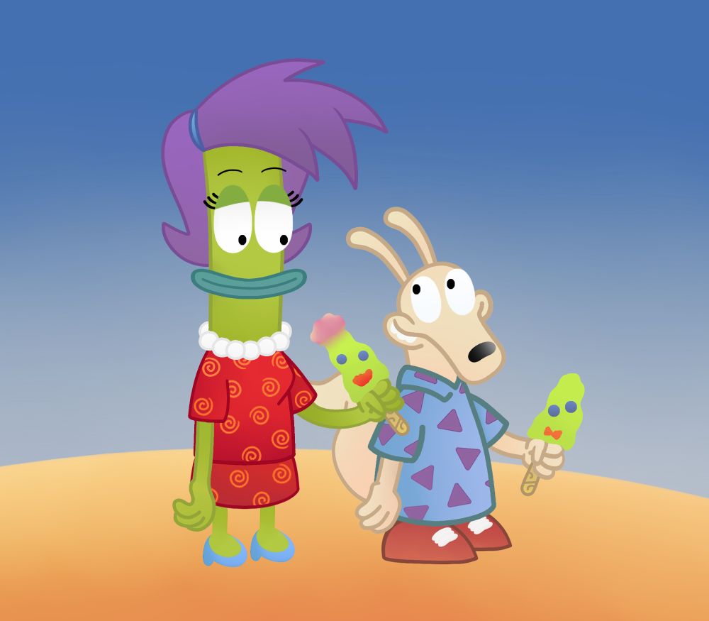Rachel and Rocko are hanging out outside.  Rachel holds a popsicle made to look like Mrs. Fathead while Rocko holds one made to look like Mr. Fathead (both are characters that Rachel created)