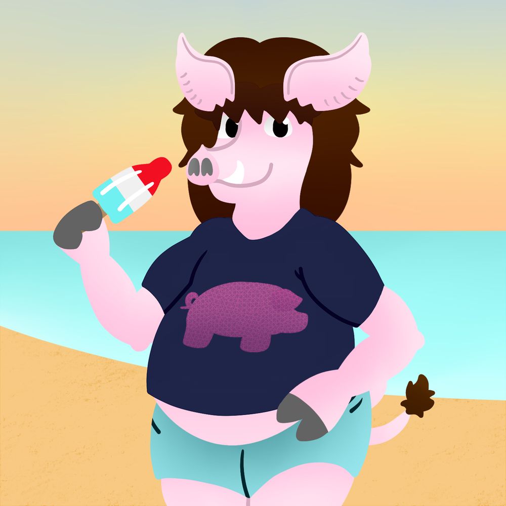 Mortar (an anthropomorphic pig with shaggy brown hair) smiles as he holds a red, white, and blue popsicle.  He stands on the beach wearing blue shorts and a Pink Floyd pig shirt that’s just a little too small on him